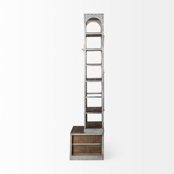 Mercana Brodie II Industrial Four-Shelf Shelving Unit with Sliding Ladder for Stylish Home Storage Solutions Light Brown Wood | Nickel Tone Metal | 32L 50369-AB