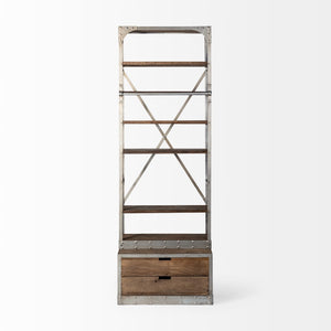 Mercana Brodie II Industrial Four-Shelf Shelving Unit with Sliding Ladder for Stylish Home Storage Solutions Light Brown Wood | Nickel Tone Metal | 32L 50369-AB