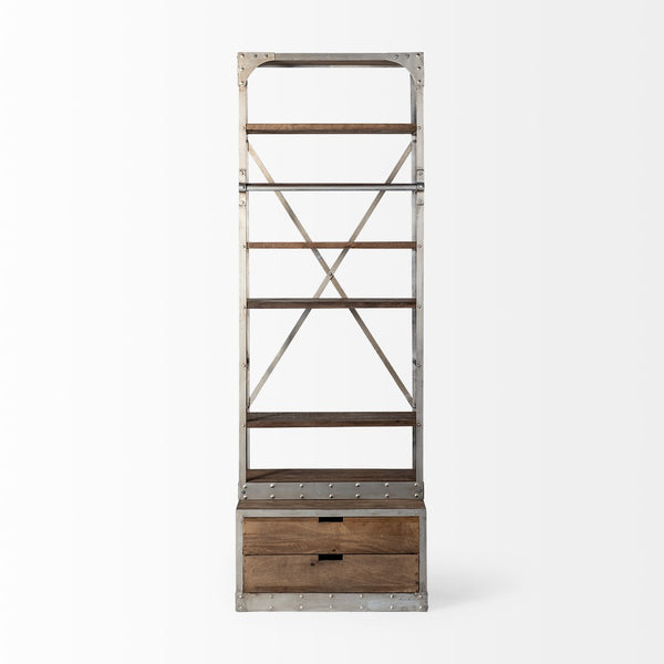 Mercana Brodie II Industrial Four-Shelf Shelving Unit with Sliding Ladder for Stylish Home Storage Solutions Light Brown Wood | Nickel Tone Metal | 32L 50369-AB