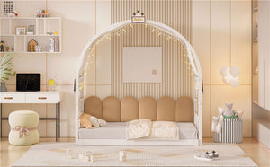 English Elm Twin Pinewood Ground-Level Canopy Bed with Arched Roof and Trundle for Kids—Whimsical, Sturdy Design White N820P181648K