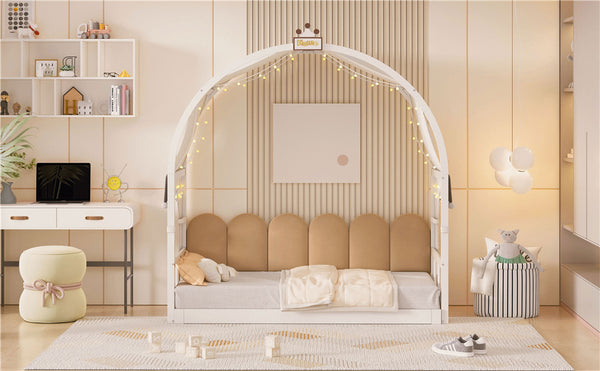 English Elm Twin Pinewood Ground-Level Canopy Bed with Arched Roof and Trundle for Kids—Whimsical, Sturdy Design White N820P181648K