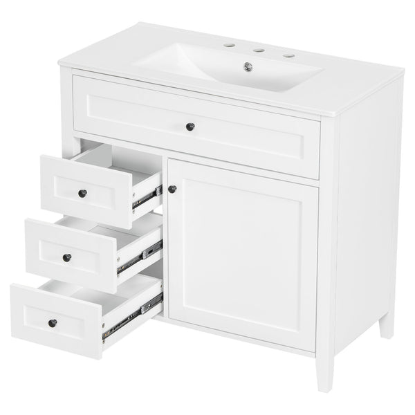 English Elm 36-Inch White Bathroom Vanity With Sink, Modern Mdf & Rubberwood, 3 Drawers & Adjustable Shelf Storage N725P350821K