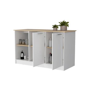 English Elm Mercury Kitchen Island with 59" Spacious Countertop, Dual Cabinets, Open Shelves & Modern Finishes B128S00038