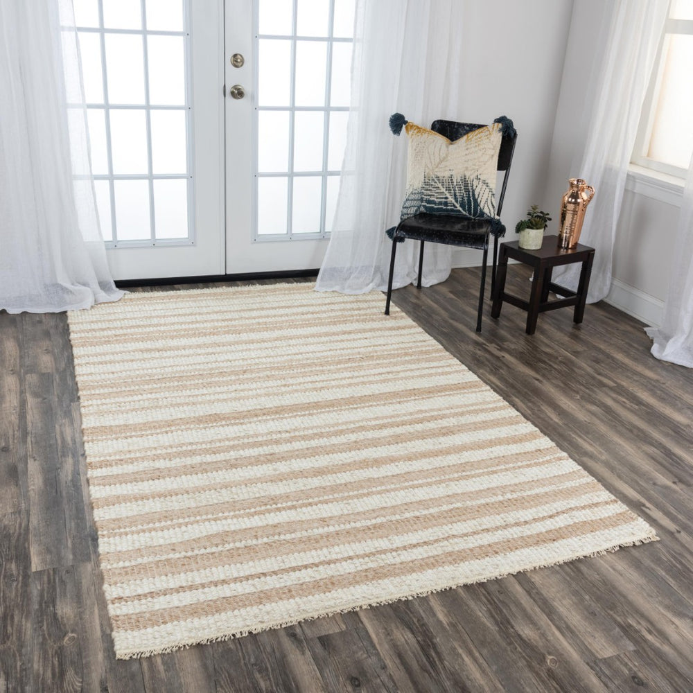 Alora Decor Sun Hand-Woven Beige Rug With Ivory Stripes And Fringe, 80% Wool/20% Polyester Durable Comfort 5' x 7'6" 00300310637040576