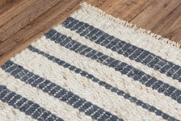 Alora Decor Sun Blue Hand-Woven Rectangle Rug In Ivory And Blue Stripes—Soft Wool-Poly Blend, Fringe Detail, Artisanal Charm 7'6" x 9'6" 00300310737097696