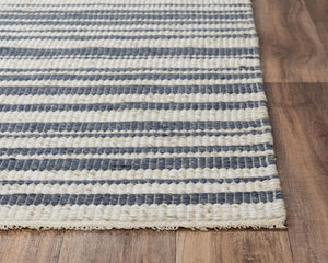 Alora Decor Sun Blue Hand-Woven Rectangle Rug In Ivory And Blue Stripes—Soft Wool-Poly Blend, Fringe Detail, Artisanal Charm 7'6" x 9'6" 00300310737097696
