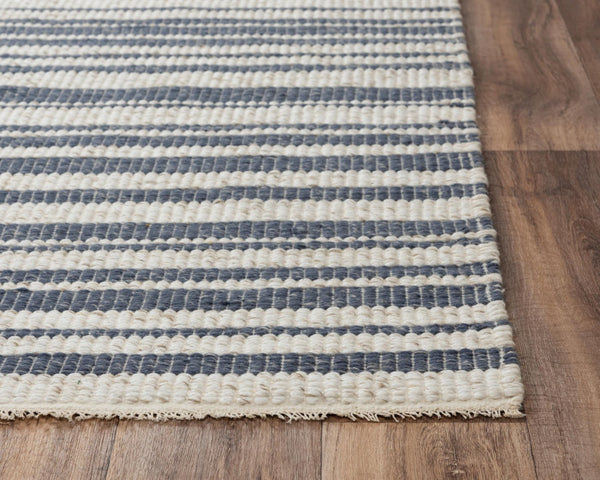 Alora Decor Sun Blue Hand-Woven Rectangle Rug In Ivory And Blue Stripes—Soft Wool-Poly Blend, Fringe Detail, Artisanal Charm 7'6" x 9'6" 00300310737097696