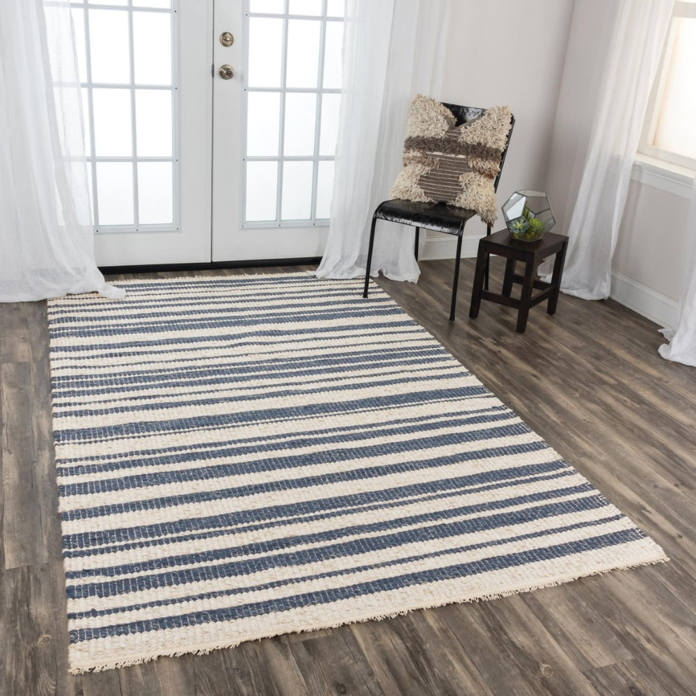 Alora Decor Sun Blue Hand-Woven Rectangle Rug In Ivory And Blue Stripes—Soft Wool-Poly Blend, Fringe Detail, Artisanal Charm 7'6" x 9'6" 00300310737097696