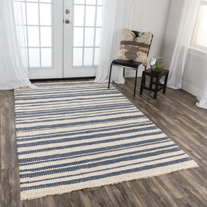 Alora Decor Sun Blue Hand-Woven Rectangle Rug In Ivory And Blue Stripes—Soft Wool-Poly Blend, Fringe Detail, Artisanal Charm 7'6" x 9'6" 00300310737097696