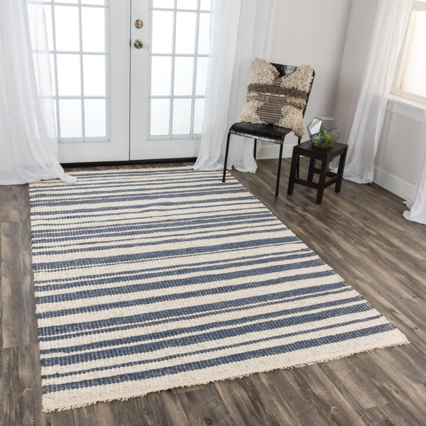 Alora Decor Sun Blue Hand-Woven Rectangle Rug In Ivory And Blue Stripes—Soft Wool-Poly Blend, Fringe Detail, Artisanal Charm 7'6" x 9'6" 00300310737097696