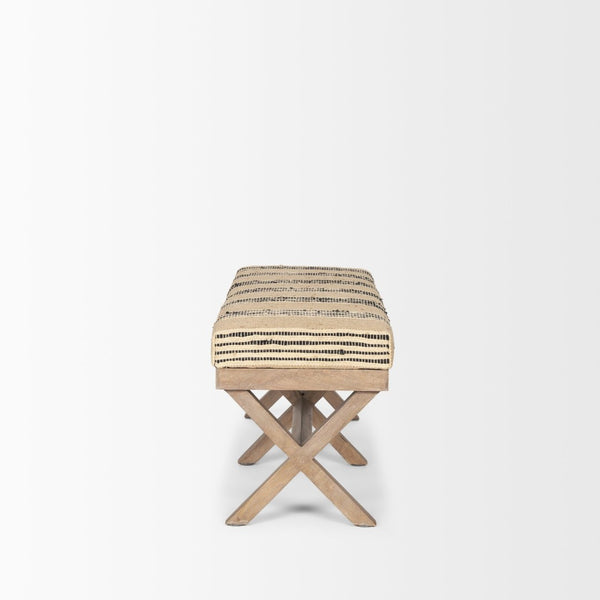 Mercana Solis II Cushioned Woven Leather Accent Bench - Elegant Solid Wood Base for Stylish Home Décor Beige/Black Fabric | Brown Wood 68460