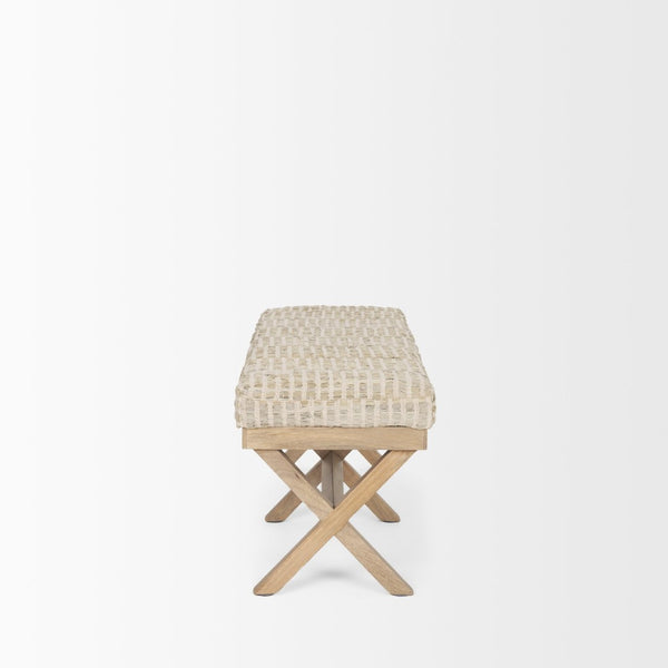 Mercana Solis II Cushioned Woven Leather Accent Bench - Elegant Solid Wood Base for Stylish Home Décor Beige Fabric | Brown Wood 68459