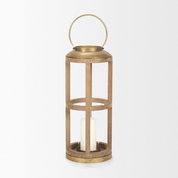 Mercana Andy I Tall Cylindrical Lantern – Rustic Farmhouse Candle Holder with Antique Brass Accents Natural Wood | 26H 68442