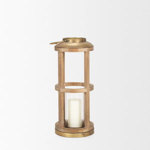 Mercana Andy I Tall Cylindrical Lantern – Rustic Farmhouse Candle Holder with Antique Brass Accents Natural Wood | 26H 68442