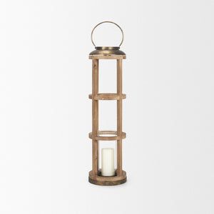 Mercana Andy I Tall Cylindrical Lantern – Rustic Farmhouse Candle Holder with Antique Brass Accents Natural Wood | 35H 68441