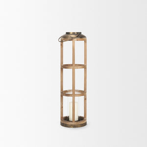 Mercana Andy I Tall Cylindrical Lantern – Rustic Farmhouse Candle Holder with Antique Brass Accents Natural Wood | 35H 68441
