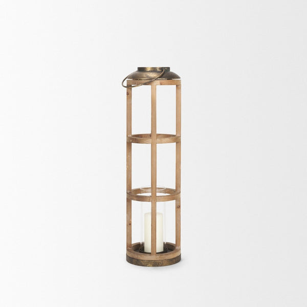 Mercana Andy I Tall Cylindrical Lantern – Rustic Farmhouse Candle Holder with Antique Brass Accents Natural Wood | 35H 68441