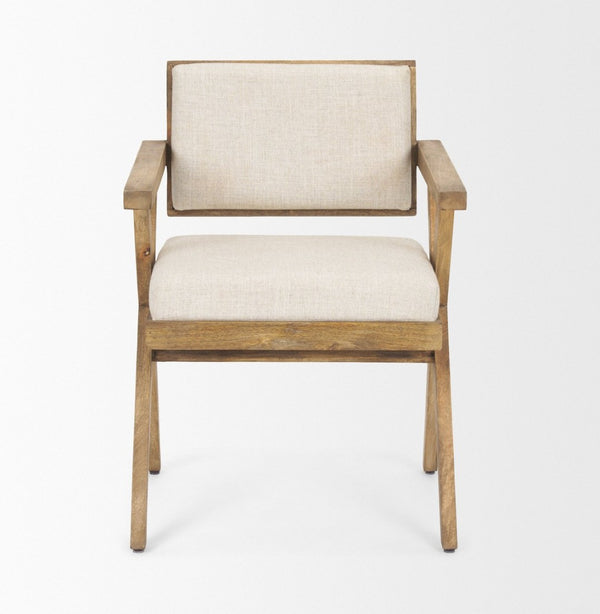 Mercana Topanga Dining Chair - Elegant Solid Back Design with Plush Upholstery for Coastal and Modern Spaces Cream Fabric | Medium Brown Wood 68504