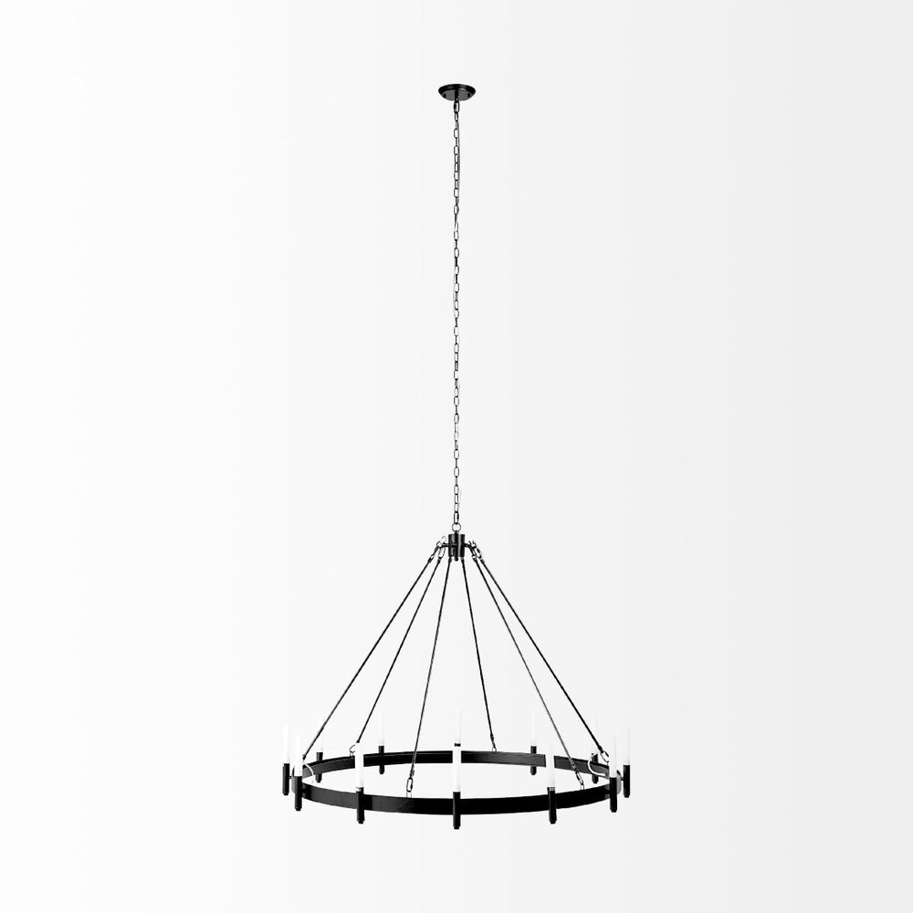 Mercana Decamp I Wagon-Wheel Chandelier: Modern Elegance with Twelve Frosted Glass Tubes for Stunning Illumination Black Metal 68594