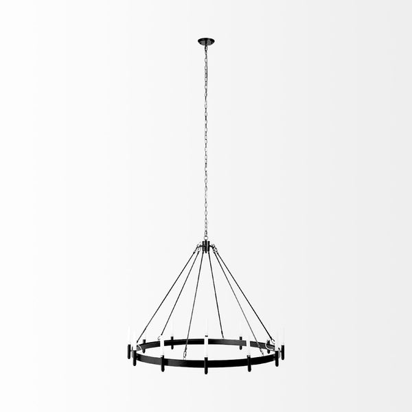 Mercana Decamp I Wagon-Wheel Chandelier: Modern Elegance with Twelve Frosted Glass Tubes for Stunning Illumination Black Metal 68594