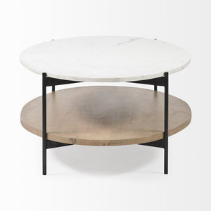 Mercana Larkin Two-Tier Coffee Table with Unique Marble Top and Solid Wood Shelf in Black Metal Frame White Marble | Brown Wood 68489-AB