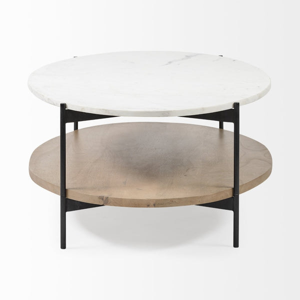 Mercana Larkin Two-Tier Coffee Table with Unique Marble Top and Solid Wood Shelf in Black Metal Frame White Marble | Brown Wood 68489-AB