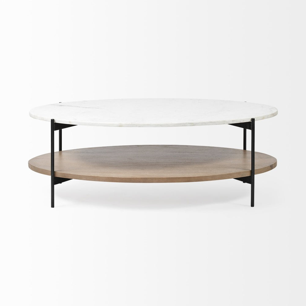 Mercana Larkin Two-Tier Coffee Table with Unique Marble Top and Solid Wood Shelf in Black Metal Frame White Marble | Brown Wood 68489-AB