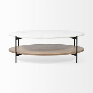 Mercana Larkin Two-Tier Coffee Table with Unique Marble Top and Solid Wood Shelf in Black Metal Frame White Marble | Brown Wood 68489-AB
