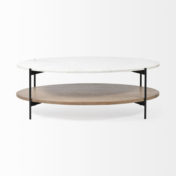 Mercana Larkin Two-Tier Coffee Table with Unique Marble Top and Solid Wood Shelf in Black Metal Frame White Marble | Brown Wood 68489-AB
