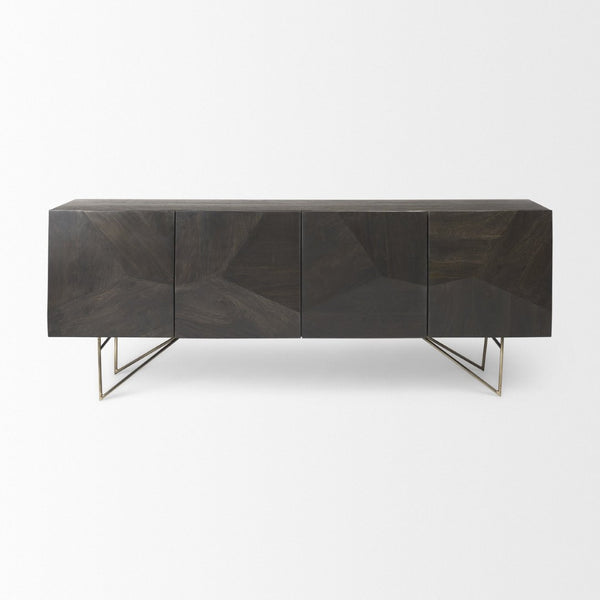 Mercana Darwin Sideboard: Elegant Solid Wood Cabinet with Geometric Doors for Stylish Storage Solutions Brown Wood | Gold Metal 68472