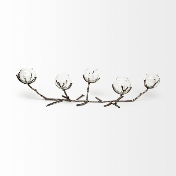 Mercana Vine Distressed Metal Candle Holder with Creeper Design – Elegant Centerpiece for Any Occasion Silver Metal 68415