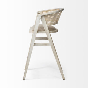 Mercana Tabitha Coastal-Inspired Counter Stool with Woven Cane Back and Cushioned Seat for Modern Spaces Beige Fabric | Blonde Wood | Bar 68497