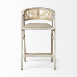 Mercana Tabitha Coastal-Inspired Counter Stool with Woven Cane Back and Cushioned Seat for Modern Spaces Beige Fabric | Blonde Wood | Bar 68497