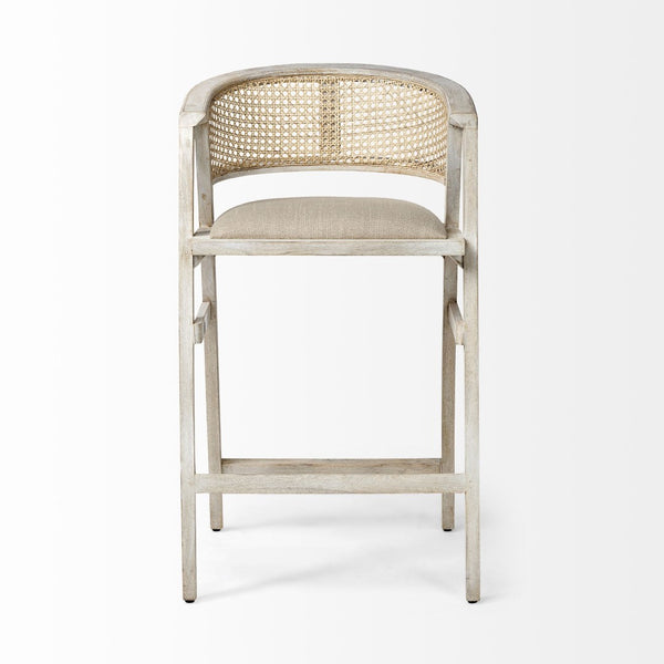 Mercana Tabitha Coastal-Inspired Counter Stool with Woven Cane Back and Cushioned Seat for Modern Spaces Beige Fabric | Blonde Wood | Bar 68497
