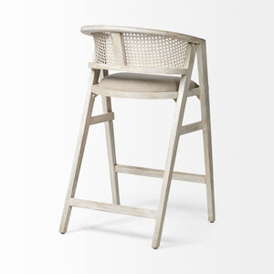 Mercana Tabitha Coastal-Inspired Counter Stool with Woven Cane Back and Cushioned Seat for Modern Spaces Beige Fabric | Blonde Wood | Bar 68497