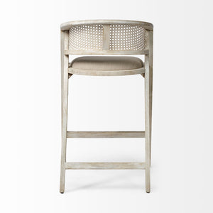 Mercana Tabitha Coastal-Inspired Counter Stool with Woven Cane Back and Cushioned Seat for Modern Spaces Beige Fabric | Blonde Wood | Bar 68497