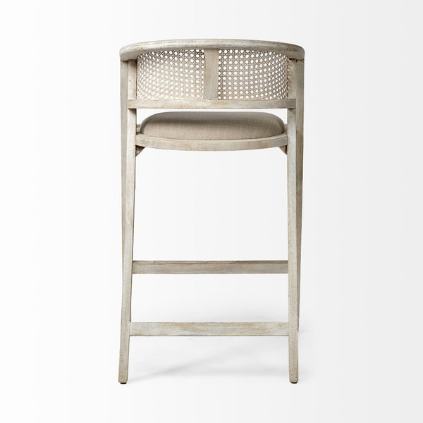 Mercana Tabitha Coastal-Inspired Counter Stool with Woven Cane Back and Cushioned Seat for Modern Spaces Beige Fabric | Blonde Wood | Bar 68497
