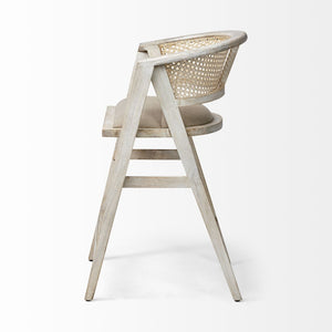 Mercana Tabitha Coastal-Inspired Counter Stool with Woven Cane Back and Cushioned Seat for Modern Spaces Beige Fabric | Blonde Wood | Counter 68496