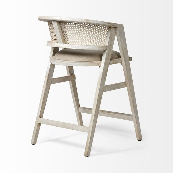 Mercana Tabitha Coastal-Inspired Counter Stool with Woven Cane Back and Cushioned Seat for Modern Spaces Beige Fabric | Blonde Wood | Counter 68496