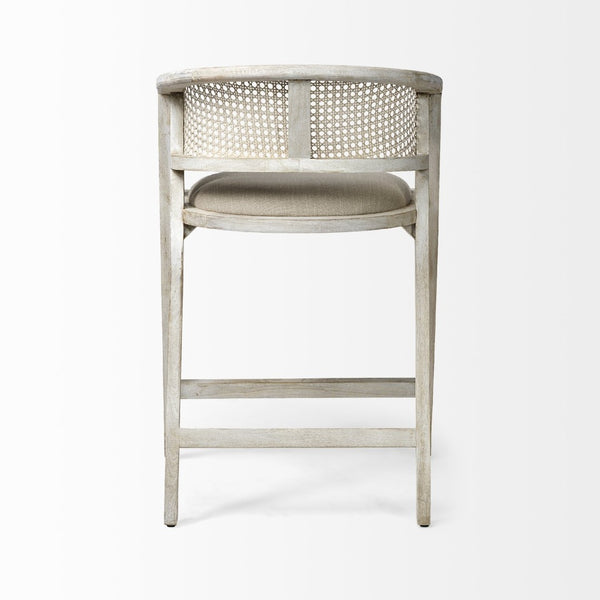 Mercana Tabitha Coastal-Inspired Counter Stool with Woven Cane Back and Cushioned Seat for Modern Spaces Beige Fabric | Blonde Wood | Counter 68496