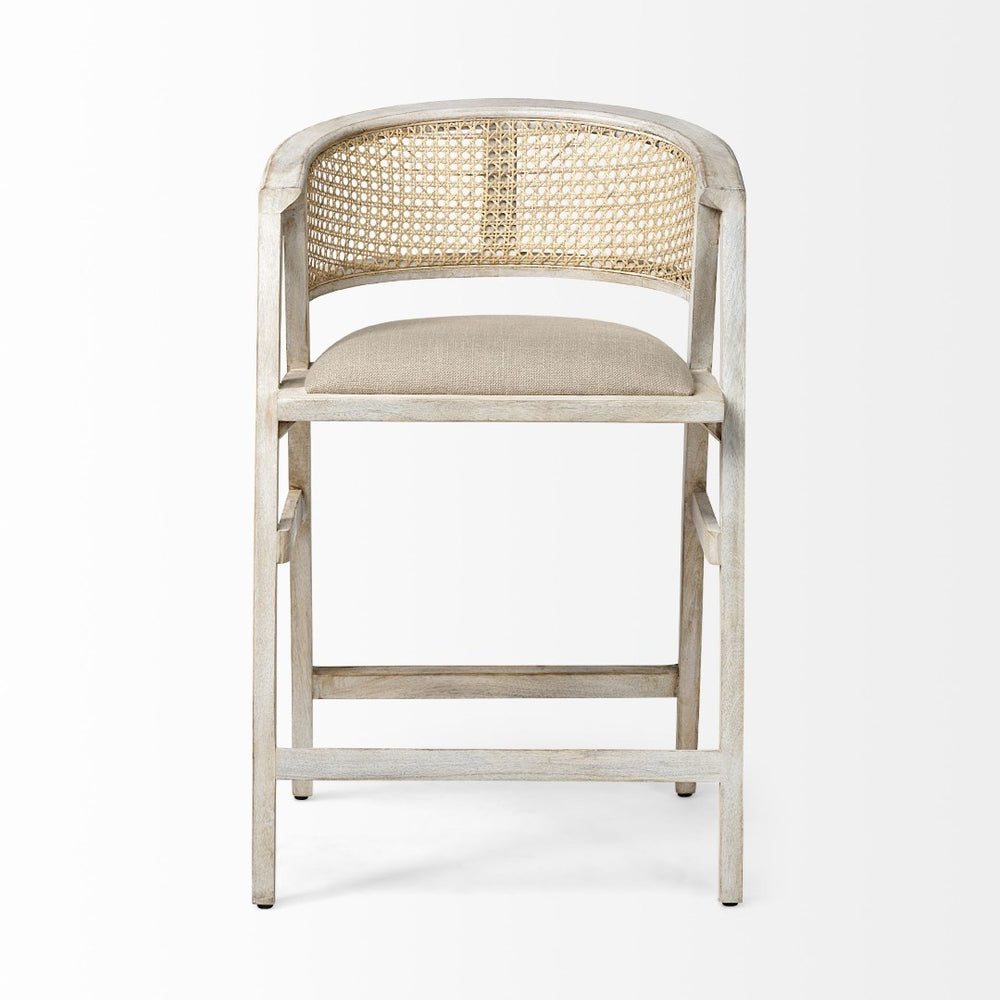 Mercana Tabitha Coastal-Inspired Counter Stool with Woven Cane Back and Cushioned Seat for Modern Spaces Beige Fabric | Blonde Wood | Counter 68496