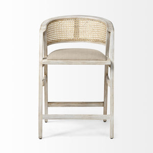 Mercana Tabitha Coastal-Inspired Counter Stool with Woven Cane Back and Cushioned Seat for Modern Spaces Beige Fabric | Blonde Wood | Counter 68496
