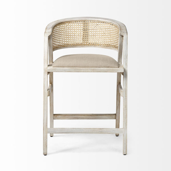 Mercana Tabitha Coastal-Inspired Counter Stool with Woven Cane Back and Cushioned Seat for Modern Spaces Beige Fabric | Blonde Wood | Counter 68496