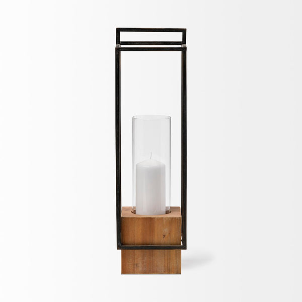 Mercana Orionis Elegant Wood and Metal Lantern Candle Holder for Stylish Ambient Lighting in Any Space Black Metal | Brown Wood | 24H 68652