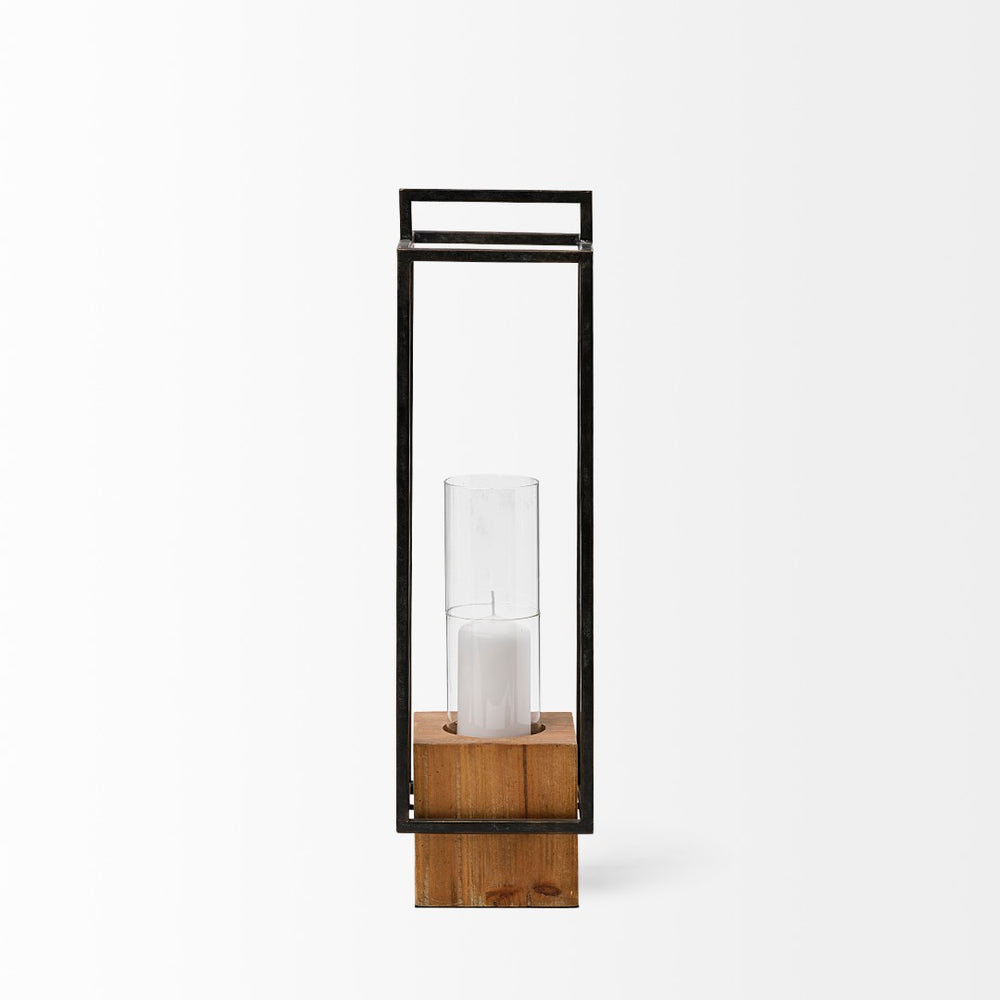 Mercana Orionis Elegant Wood and Metal Lantern Candle Holder for Stylish Ambient Lighting in Any Space Black Metal | Brown Wood | 21H 68651