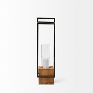 Mercana Orionis Elegant Wood and Metal Lantern Candle Holder for Stylish Ambient Lighting in Any Space Black Metal | Brown Wood | 21H 68651