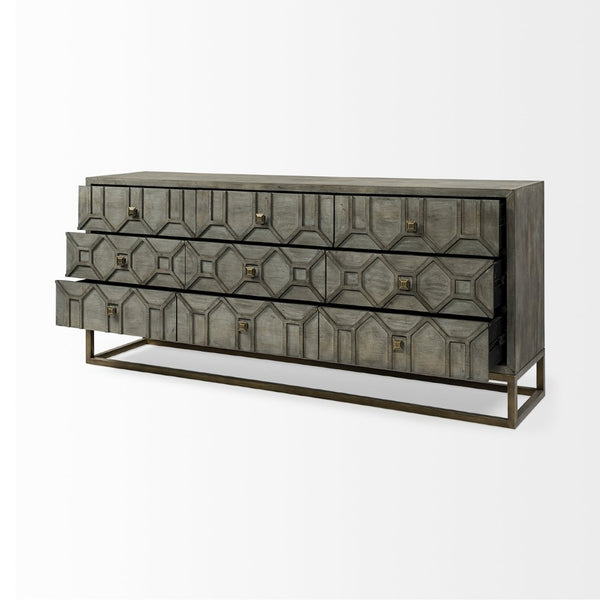 Mercana Genevieve Luxurious 9-Drawer Sideboard with Gold Frame, Gray Fir Veneer for Chic Home Storage Solutions Gray Wood | Gold Metal 68116