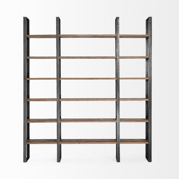 Mercana Taunton Industrial Six-Shelf Unit: Stylish Vertical Storage for Modern and Rustic Interiors, 90" Tall Dark Brown Wood | Black Metal 50367-AB