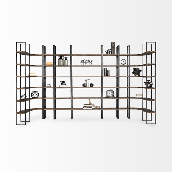 Mercana Taunton Industrial Six-Shelf Unit: Stylish Vertical Storage for Modern and Rustic Interiors, 90" Tall Dark Brown Wood | Black Metal 50367-AB