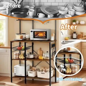 English Elm Bakers Rack with Power Outlet & USB, Microwave Stand with Pull-Out Basket, Coffee Bar Organizer W3204P354195
